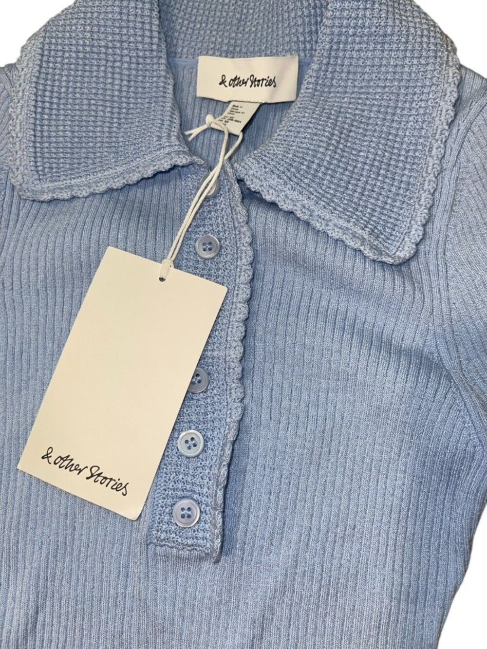 & OTHER STORIES Women's Size XS Light Blue Scalloped Rib-Knit Top Retail $99.00 - Picture 9 of 11